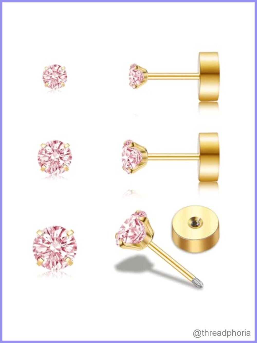 14K Gold Plated Flat Back Stud Earrings 3 Pairs CZ Cartilage Piercing Jewelry